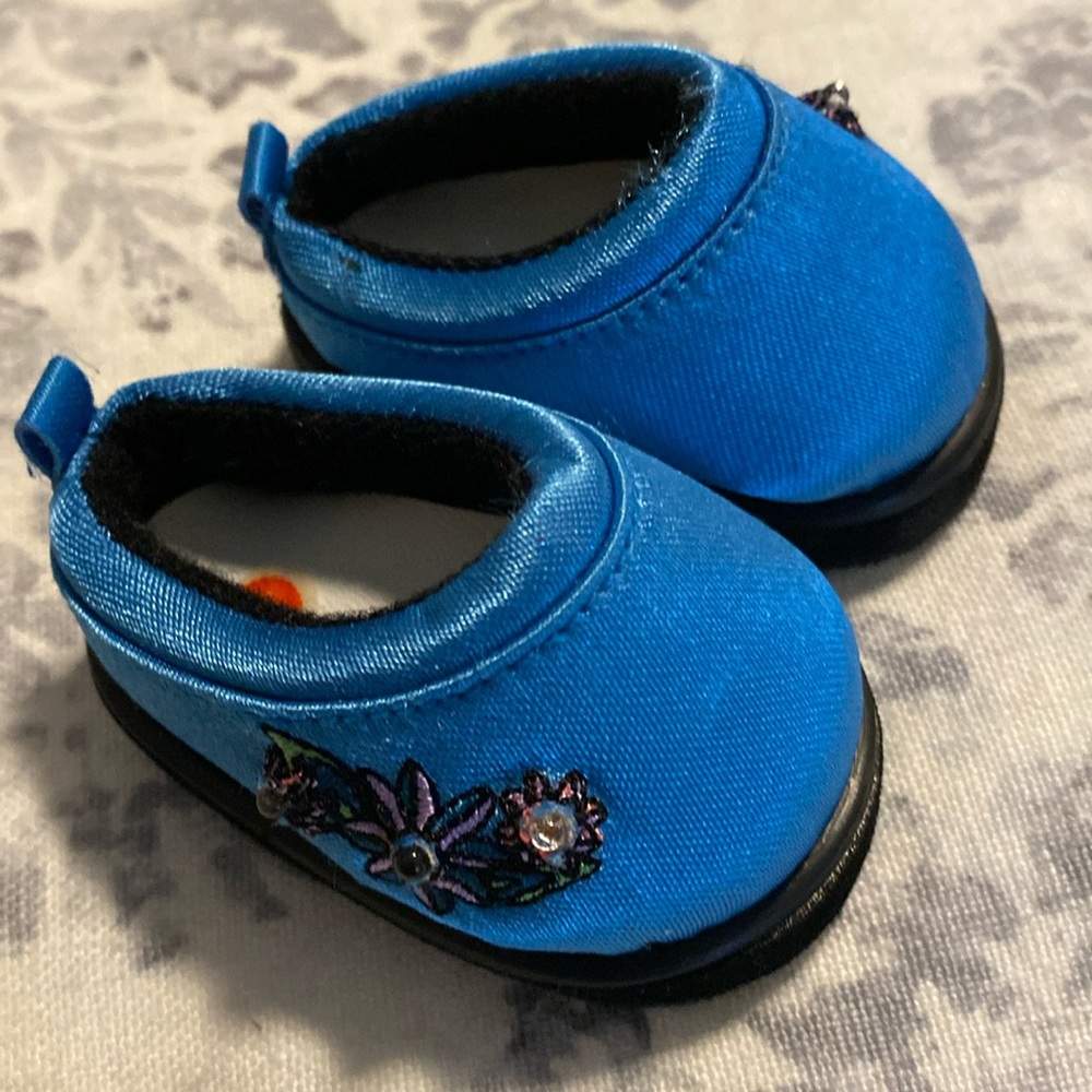 American Girl doll embroidered mules blue satin clogs